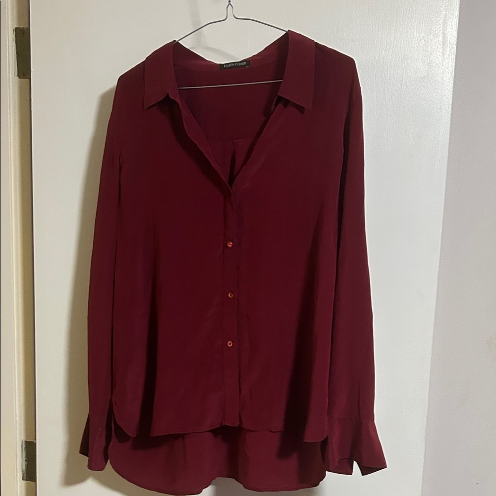 Eileen Fisher Deep Red Button-Up Blouse